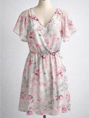 White House Black Market White and Pink Cold-Shoulder Wrap Mini Dress